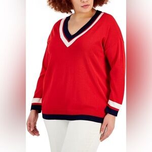 Anne Klein Sweater Womens 1X Red Poppy Combo Striped V-Neck Knit Old Money Retro